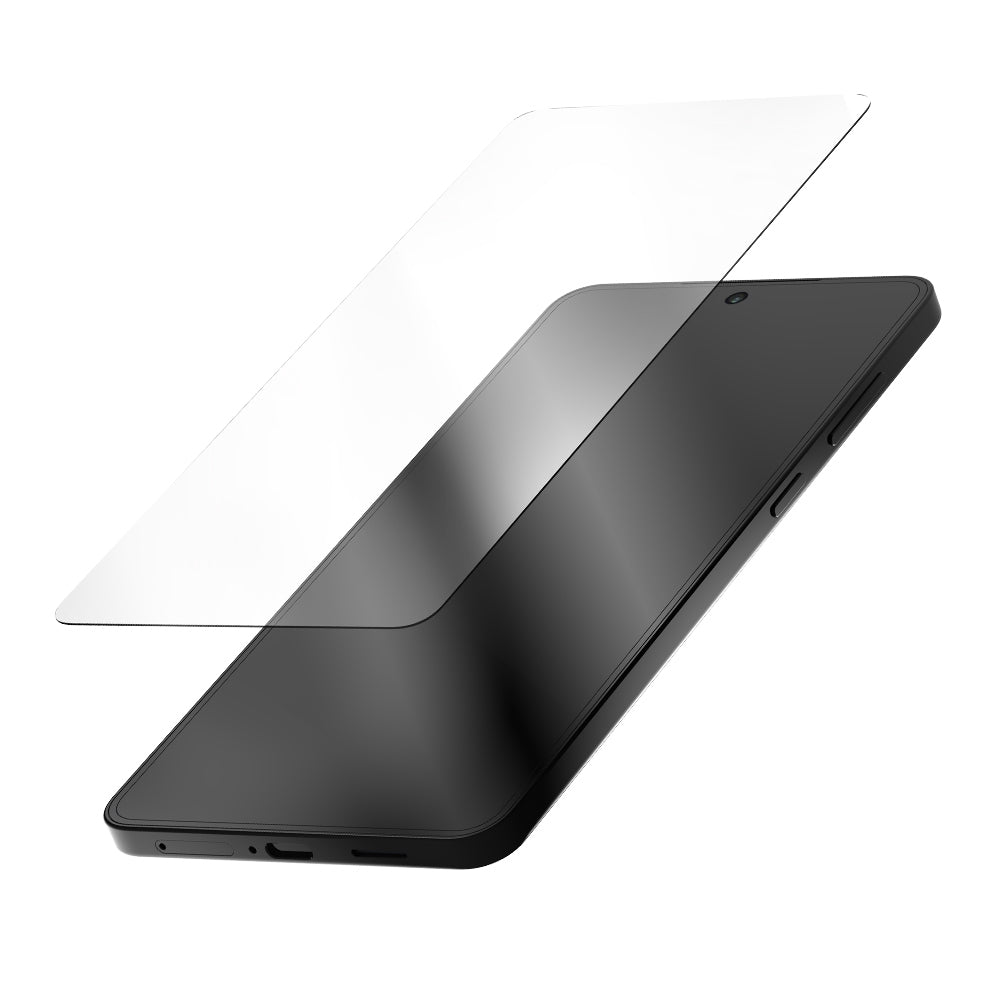 Black screen protector film partially applied on a dark Samsung GS25E phone