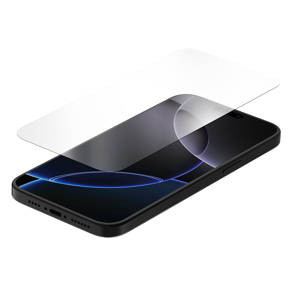 Black iPhone 16 Pro Max screen protector with clear curved glass
