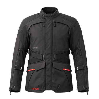 Black motorcycle touring jacket with hood, front zip, flap pockets, red stripe detailing.