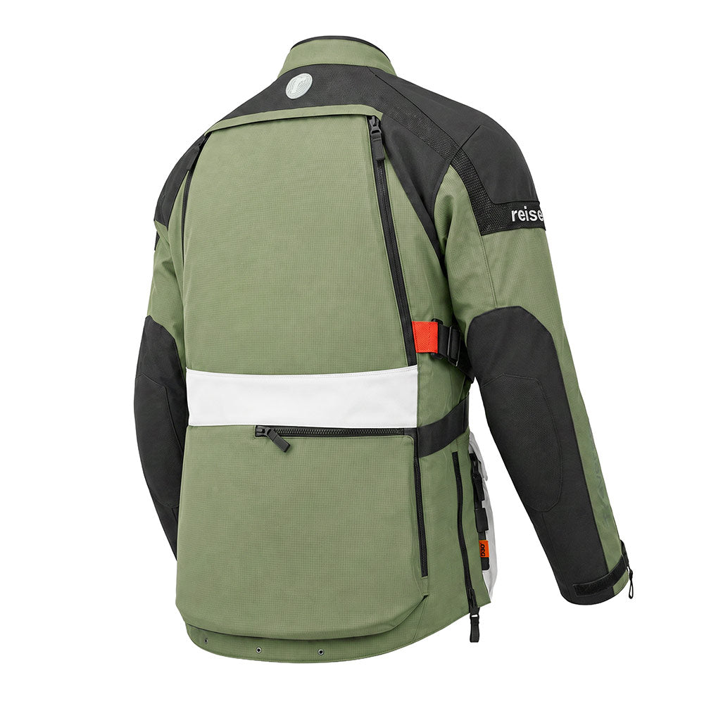 Motorcycle touring jacket rear view, olive green with black sleeves, white stripe and pocket.
