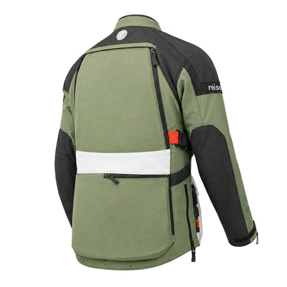 Motorcycle touring jacket rear view, olive green with black sleeves, white stripe and pocket.
