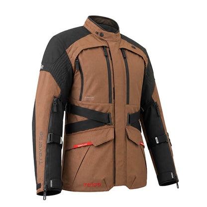 Motorcycle adventure touring jacket tan and black with high collar, zip front, and armor panels