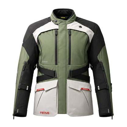 Motorcycle touring jacket, olive green/black/white with front zipper and stand collar.