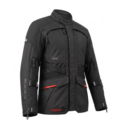 Black motorcycle touring jacket with hood, zip front, arm and chest pockets, red accents.