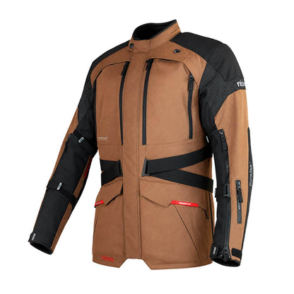 Motorcycle adventure touring jacket in tan and black with long sleeves, zips, and belt straps