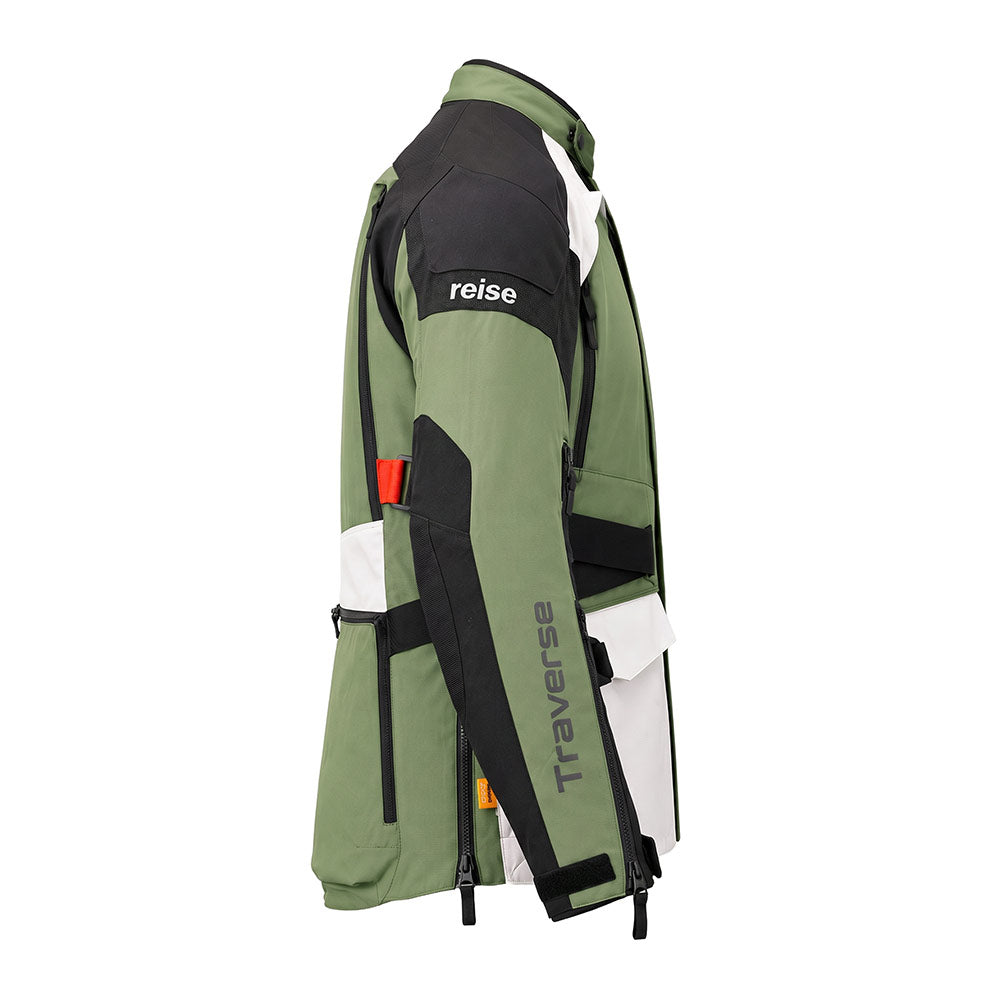 Motorcycle touring jacket side view, olive green with black sleeves and white accents.