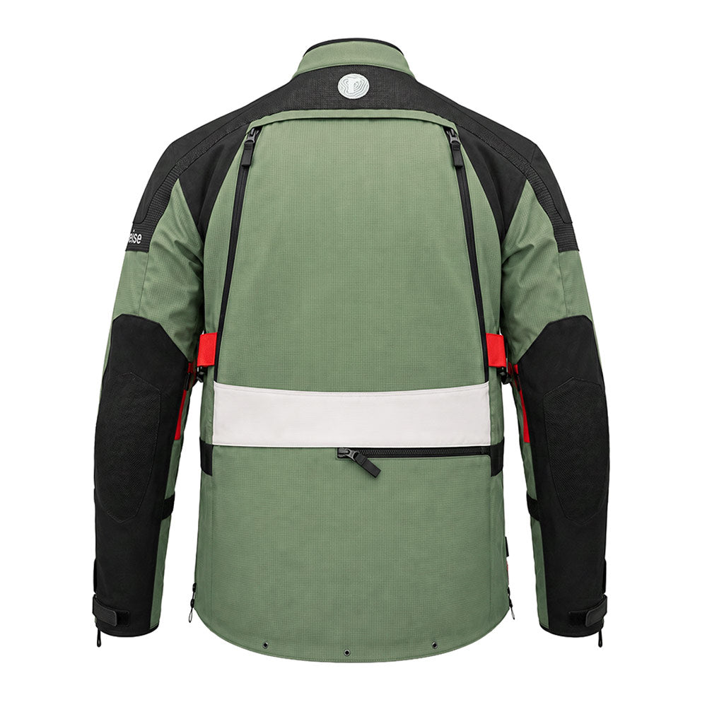 Motorcycle touring jacket back view, olive green with black shoulders and white mid panel.