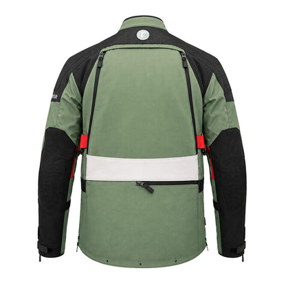 Motorcycle touring jacket back view, olive green with black shoulders and white mid panel.