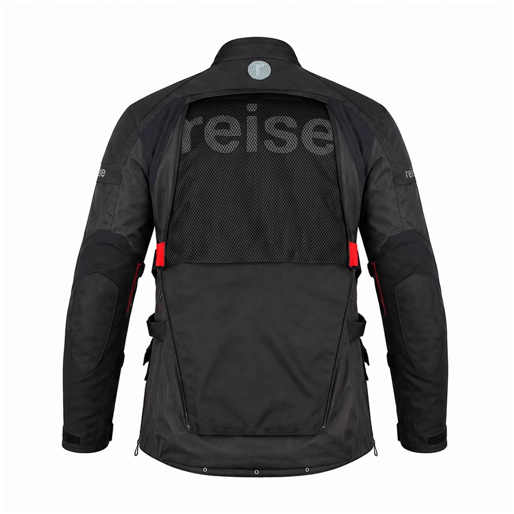 Black motorcycle jacket back with mesh panel, hooded collar, red trim accents.