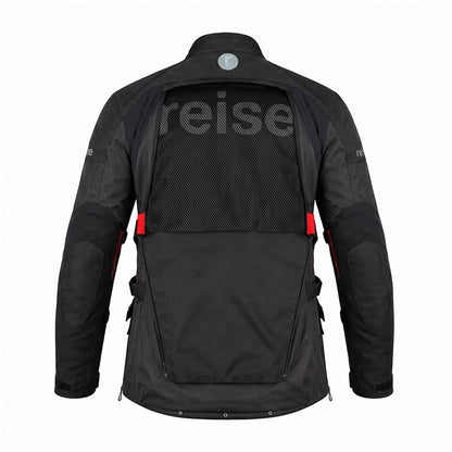 Black motorcycle jacket back with mesh panel, hooded collar, red trim accents.