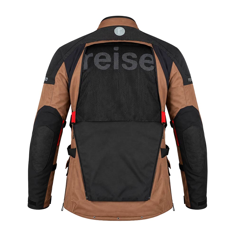 Motorcycle adventure touring jacket tan and black with mesh back panel and red zippers