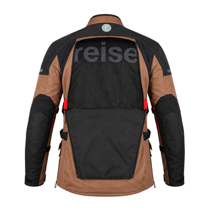 Motorcycle adventure touring jacket tan and black with mesh back panel and red zippers
