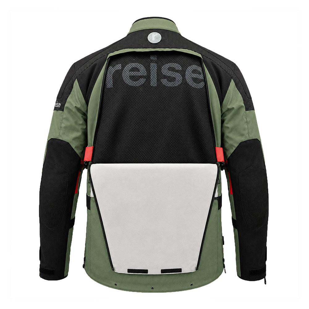 Motorcycle touring jacket back view with black mesh panel and white lower panel, olive green.