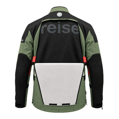 Motorcycle touring jacket back view with black mesh panel and white lower panel, olive green.
