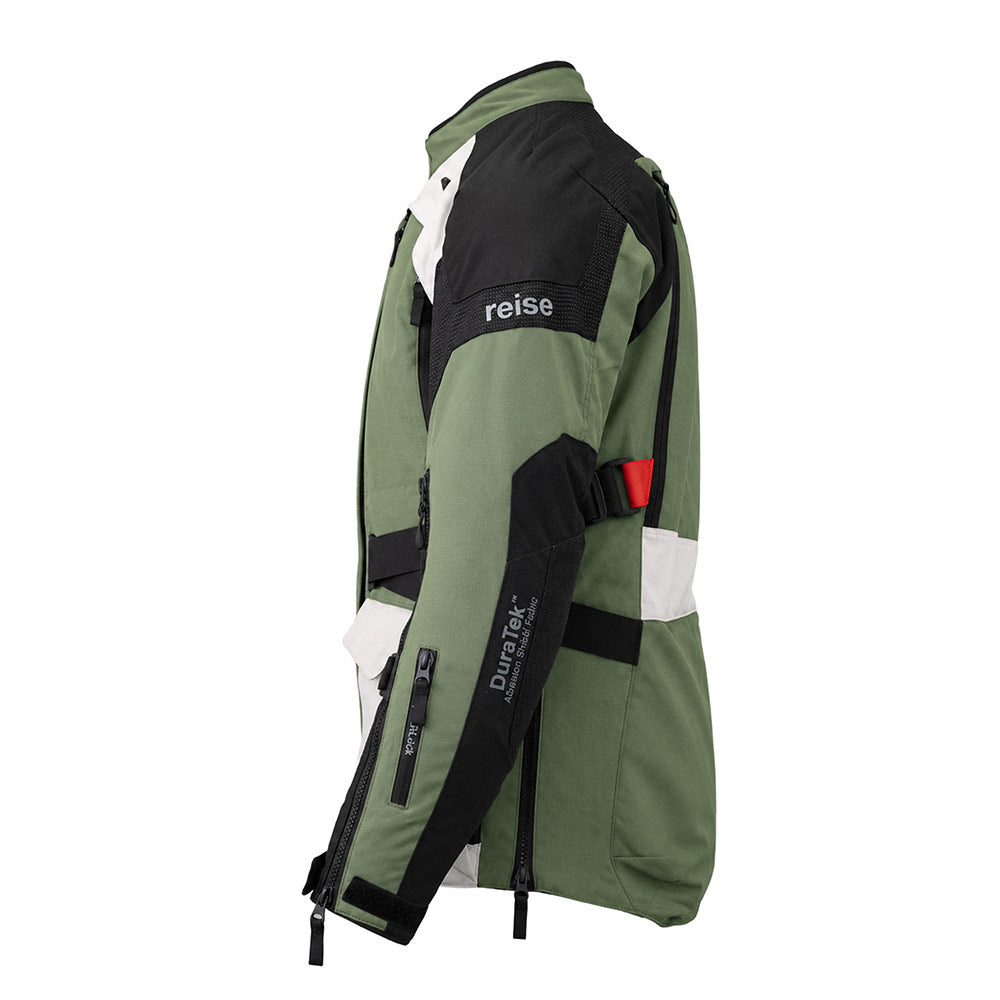 Motorcycle touring jacket angled view, olive green and black with red detail at cuff.