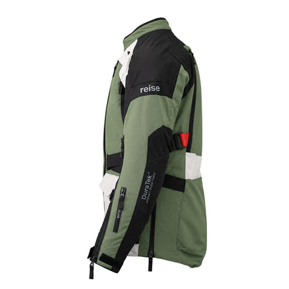 Motorcycle touring jacket angled view, olive green and black with red detail at cuff.