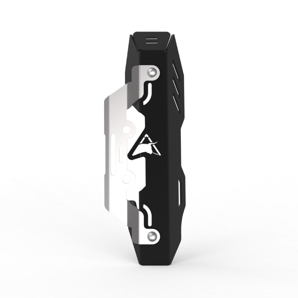 Matte black master cylinder guard with mounting holes and bolt points