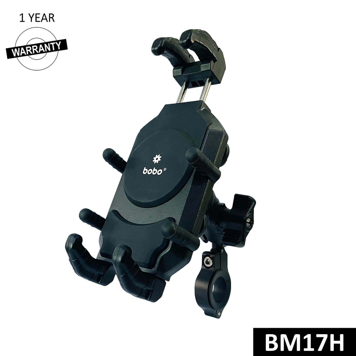 Black wireless phone charger mount with adjustable spring clamps and support arm