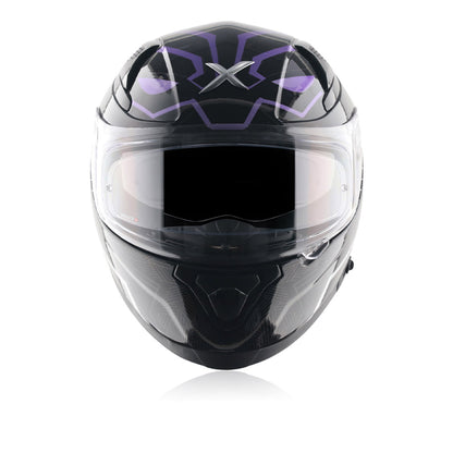 Full-face motorcycle helmet, black front with silver trim and purple eye-style graphics, visor