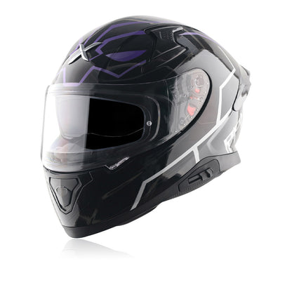 Full-face motorcycle helmet, black shell with silver accents and purple design, clear visor