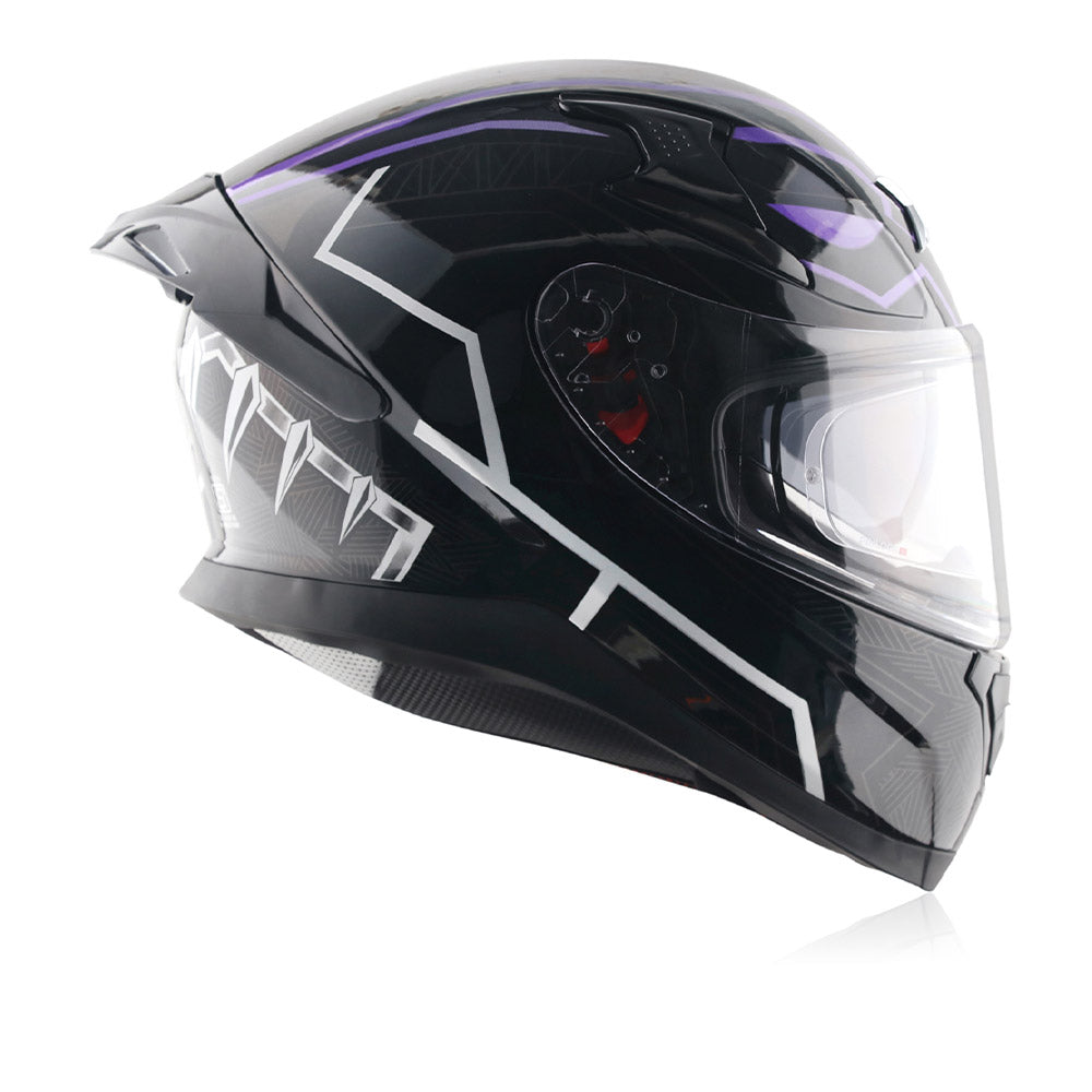 Full-face motorcycle helmet with black shell, silver side panels, and purple stripe graphics