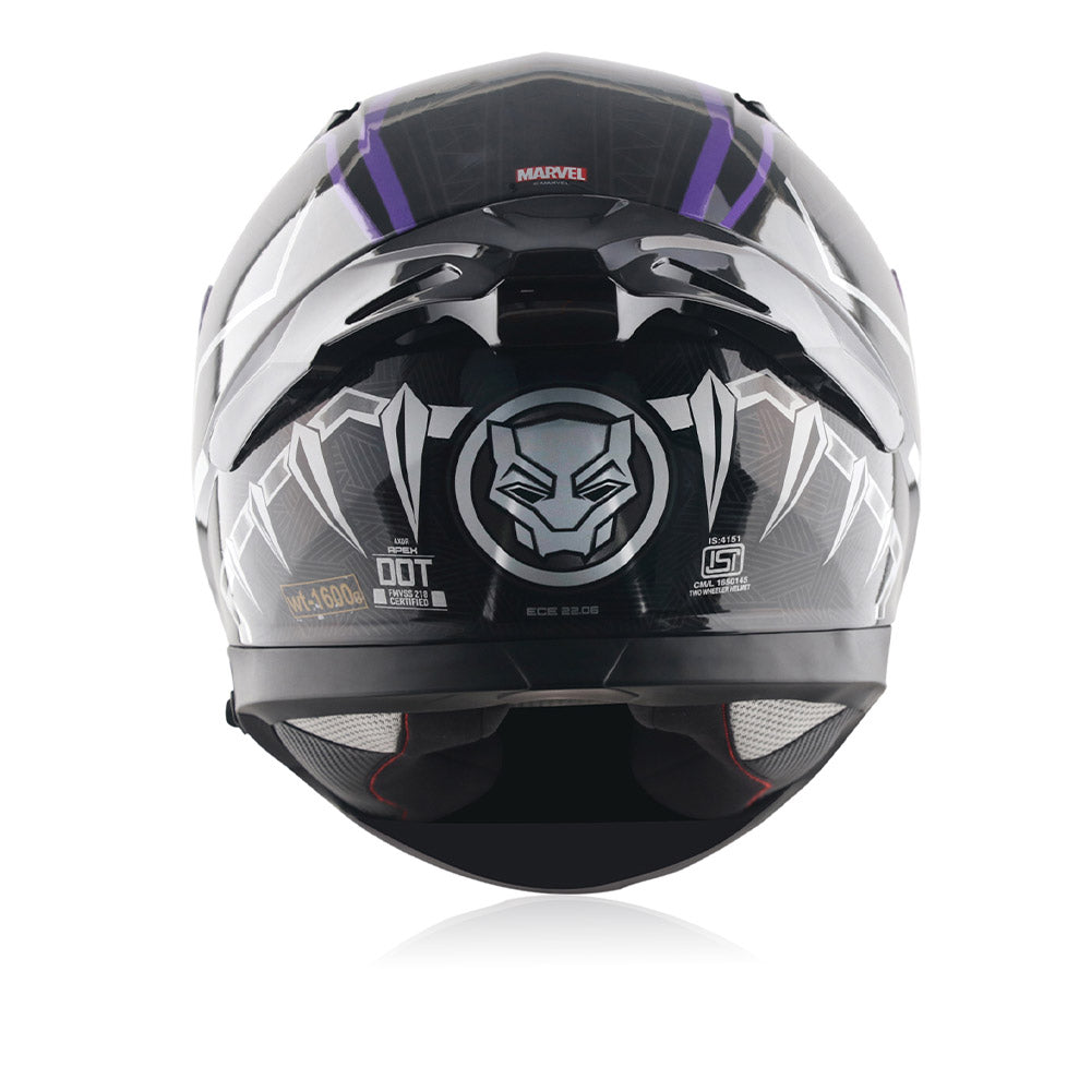 Full-face motorcycle helmet, rear view with MARVEL logo, black-and-silver shell and purple accents