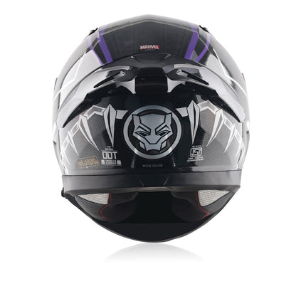 Full-face motorcycle helmet, rear view with MARVEL logo, black-and-silver shell and purple accents