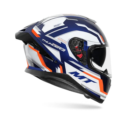 Motorcycle full-face helmet with white, navy blue, and orange stripes and side vent intakes