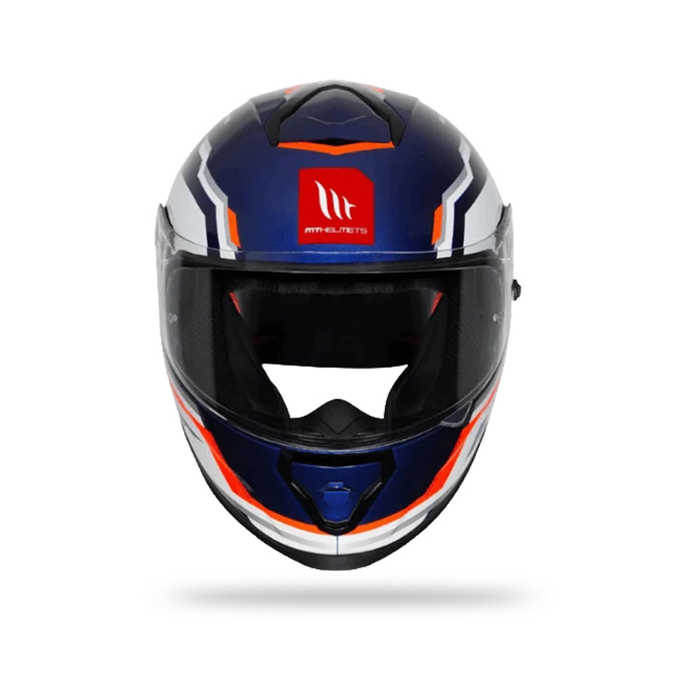 Motorcycle full-face helmet with glossy black visor and blue, white, orange graphics