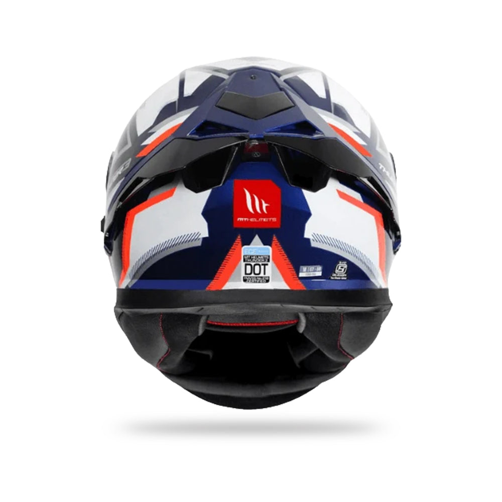 Motorcycle full-face helmet with blue and white panels, orange accents, DOT mark visible