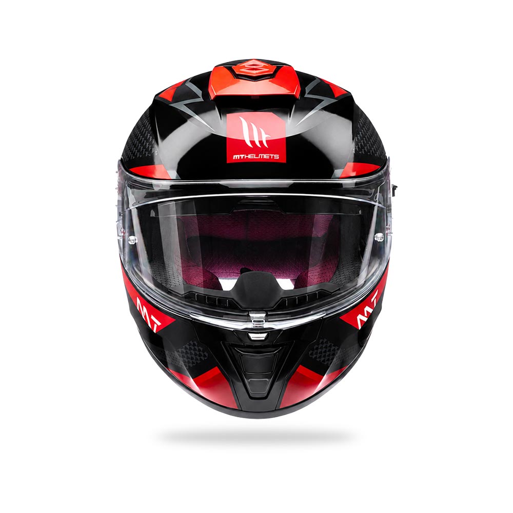 Full-face motorcycle helmet with clear visor, red and black geometric graphic