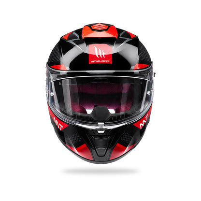 Full-face motorcycle helmet with clear visor, red and black geometric graphic