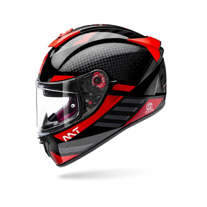 Full-face motorcycle helmet, glossy black with red accents and clear visor