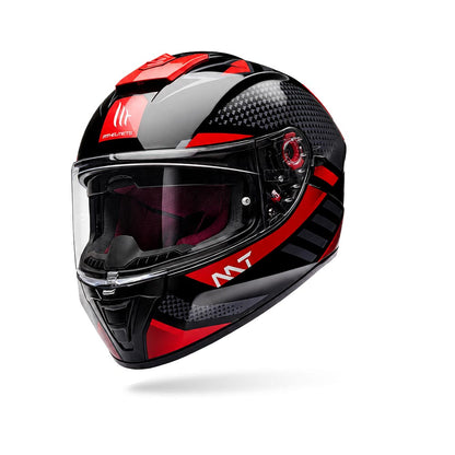 Full-face motorcycle helmet, black and red shell with clear visor and side vent