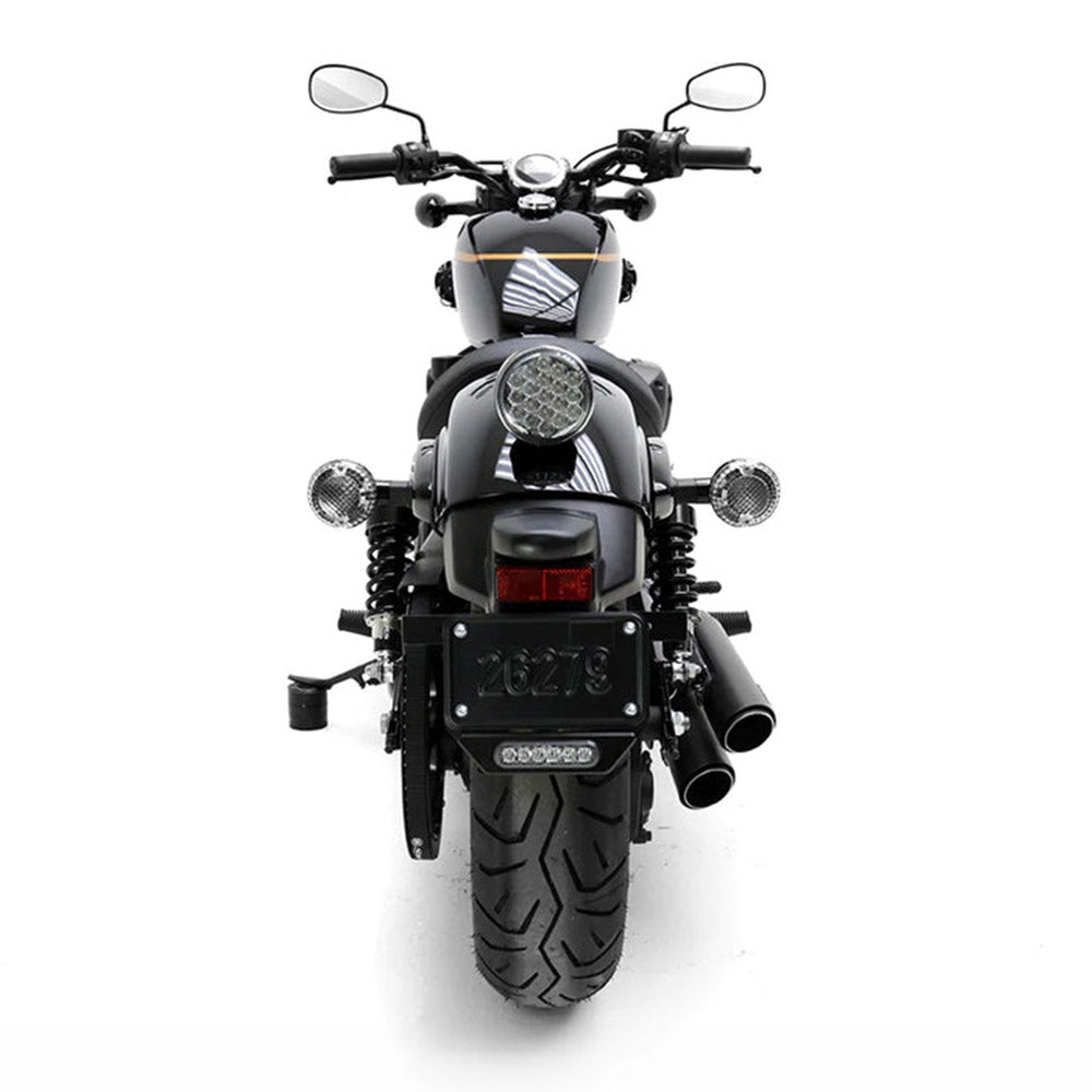 Motorcycle with auxiliary license plate LED unit visible, red light in front area