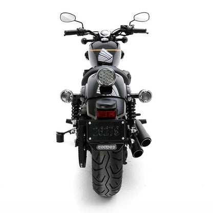 Motorcycle with auxiliary license plate LED unit visible, red light in front area