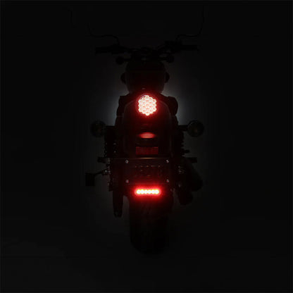 Rear view of motorcycle with black auxiliary brake light and red LED illumination