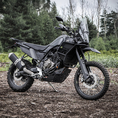 Black auxiliary LED light pods on an adventure motorcycle, mounted near front fairing