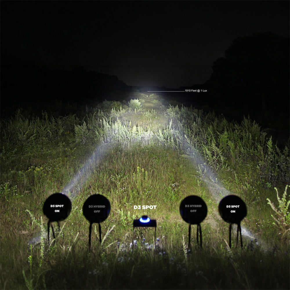 Black Denali D3 LED light pods on stakes, illuminating a grassy path