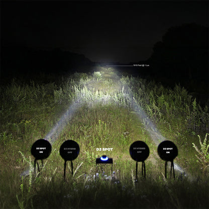 Black Denali D3 LED light pods on stakes, illuminating a grassy path