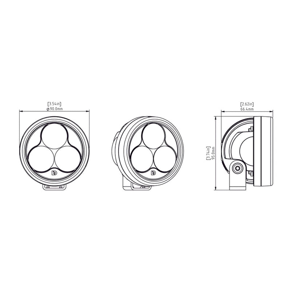 Denali D3 LED light pod technical drawing with front, side, and top dimensions