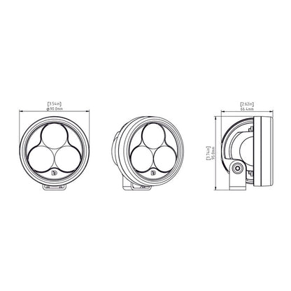 Denali D3 LED light pod technical drawing with front, side, and top dimensions