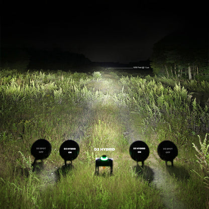 Set of black auxiliary LED light pods on grass, several pods visible with one lit