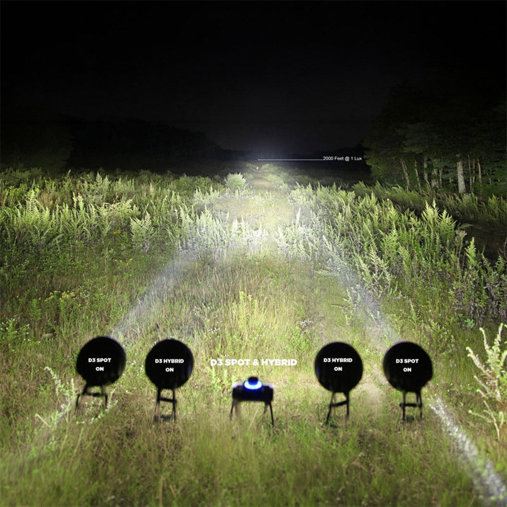 Black Denali D3 LED light pods on stakes, illuminating grass with bright white beam