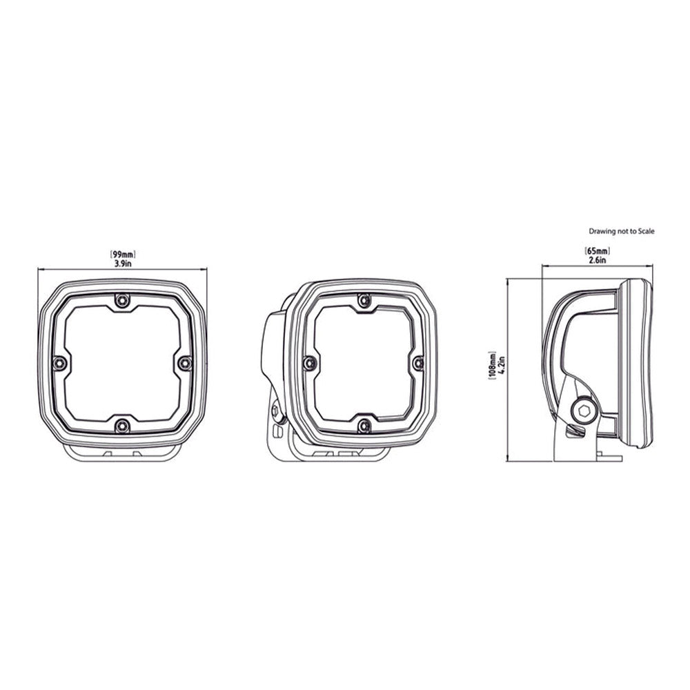 Black Denali D4 LED light pod, technical dimensions views