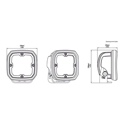 Black Denali D4 LED light pod, technical dimensions views