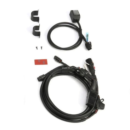 Driving-light wiring harness kit with wiring loops, connectors, brackets, and terminals