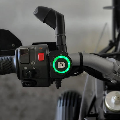 DialDim lighting controller dial with green ring and button switches on handlebar