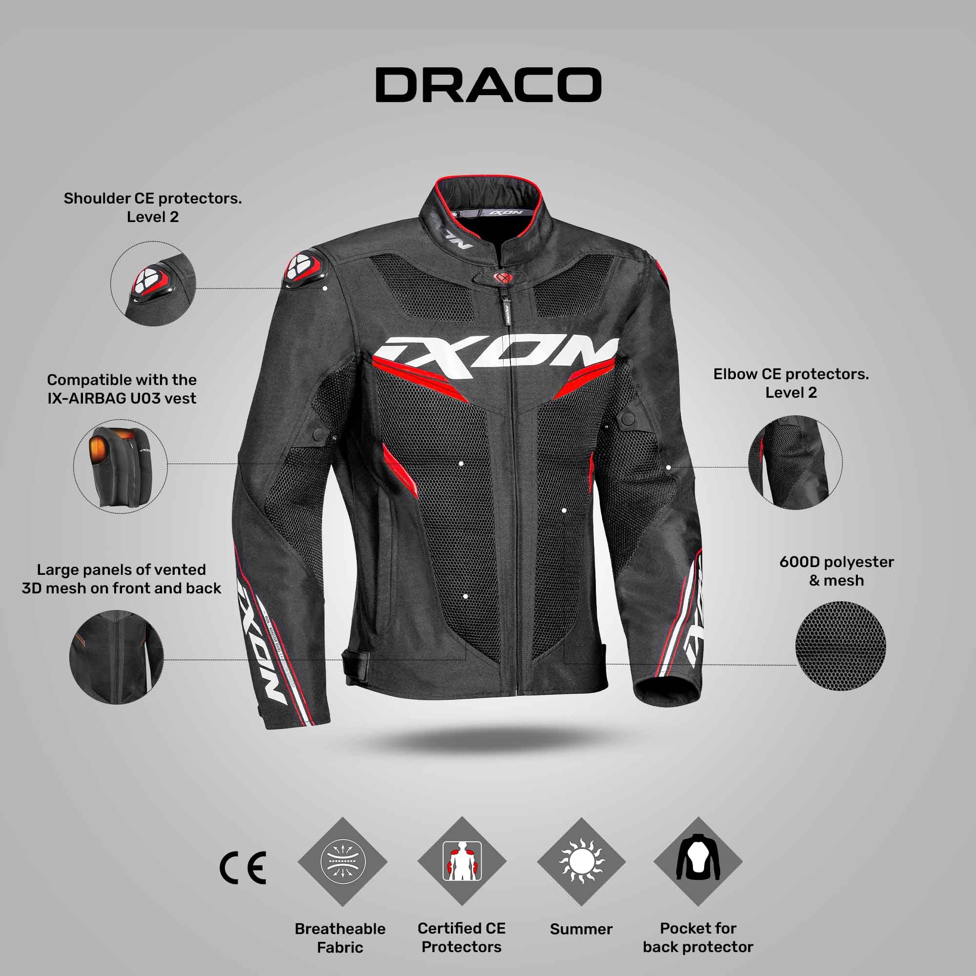 Ixon Draco Black/White/Red Motorcycle Jacket – Reise Moto
