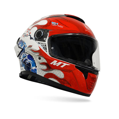 Gloss red and white full-face motorcycle helmet with blue wave graphics